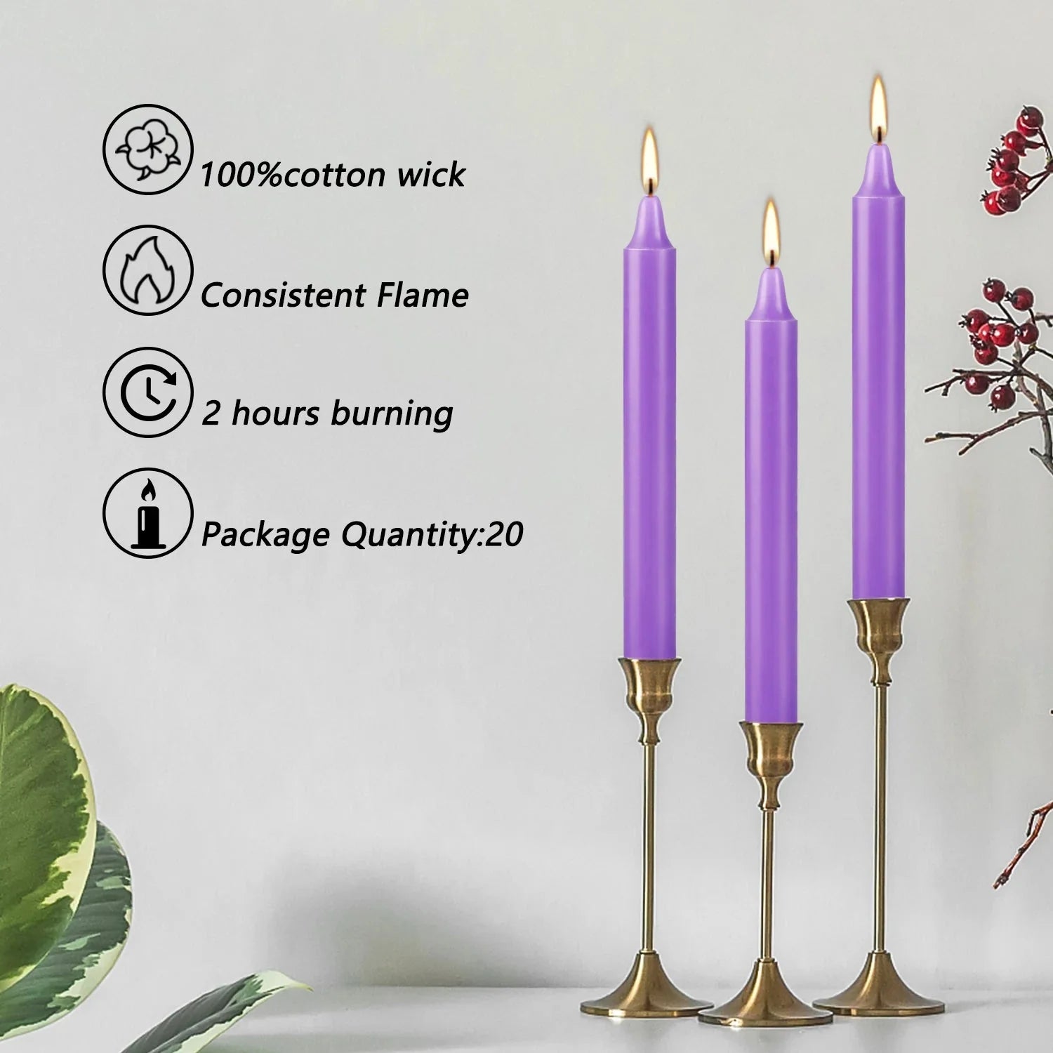 20-Piece Purple 4-Inch Drip-Free Soy Wax Dinner Candles – Smokeless, Fragrance-Free, Hand-Pulled for Weddings, Parties, and Home Décor