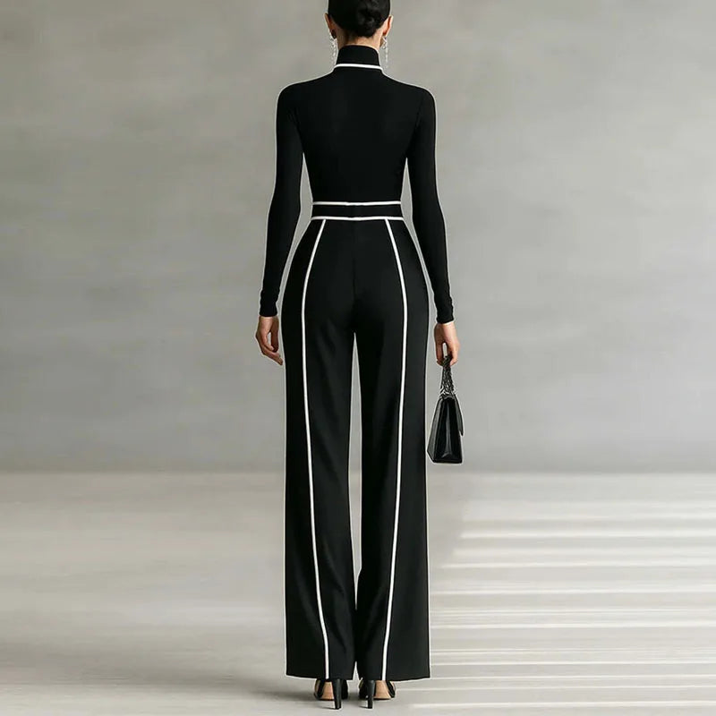 2 Piece Set Autumn/Winter Striped Print Elegant Stand Collar Slim Top Pullover & Wide Leg Trousers Suit