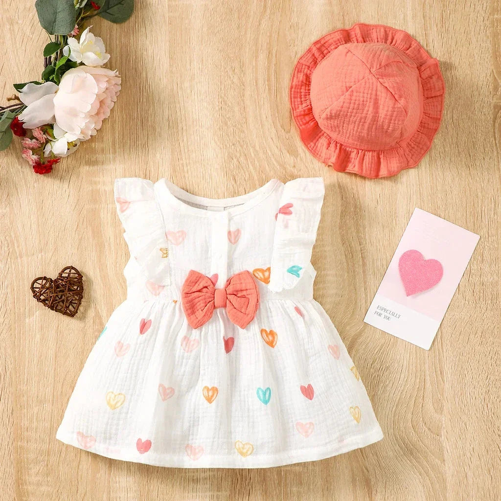Baby Girl Summer Dress Set (0–9M) – Love Print Sleeveless Dress with Matching Hat
