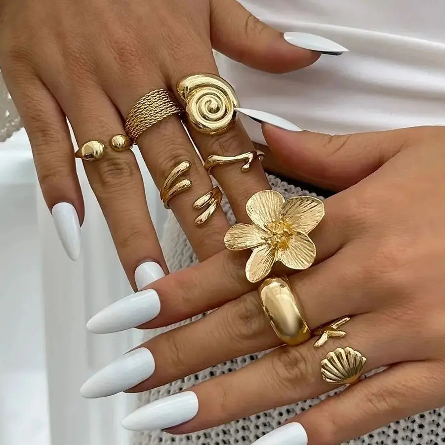Ingemark 8Pcs/Set Vintage Metal Petal Flower Water Drop Open Rings for Women Trend 2025 Goth Geometric Ring Daily Jewelry Gift