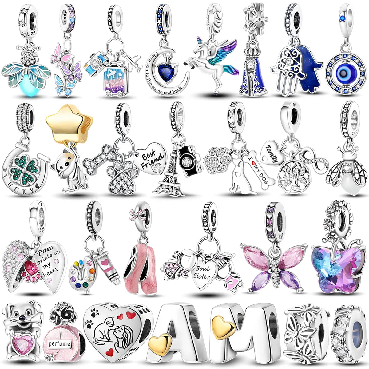 925 Sterling Silver Pink Butterfly & Luminous Firefly Charm – Dangle Bead for Bracelet or Necklace | Elegant DIY Jewelry Gift for Women