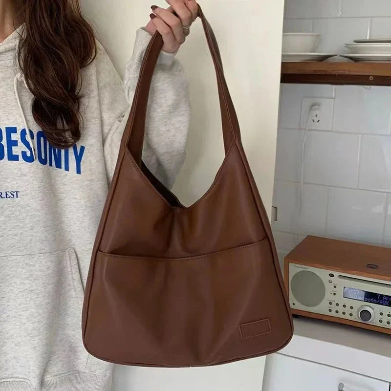 Large Capacity Black Leather Tote Bag – Women’s Casual Shoulder Bag