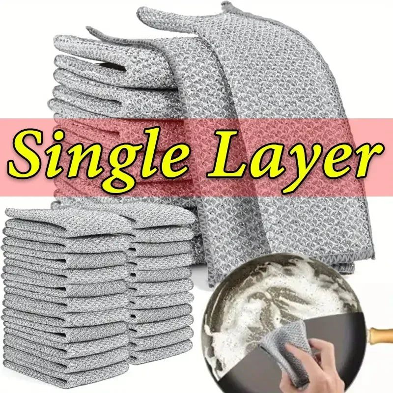 100/1pcs Thickened Steel Wire Cleaning Cloth Non-Scratch Double-layer Microfiber Mesh Wire Rags Washing Dishcloth Kitchen Towel