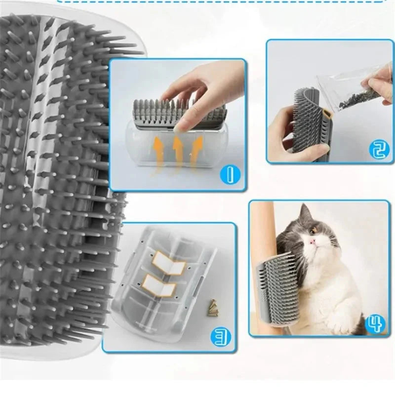 Cat Corner Brush Comb Massager with Catnip – Self-Grooming Wall Arch Scratcher & Hair Removal Tool for Cats