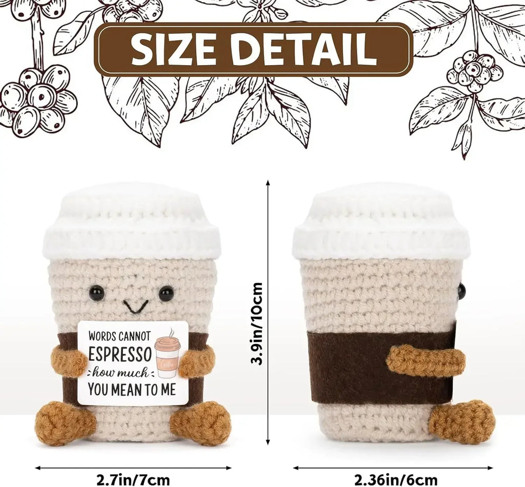 Funny Crochet Emotional Support Coffee Doll With Card Desktop Ornament Handmade Knitted Coffee Dolls Christmas Gifts Home Decor