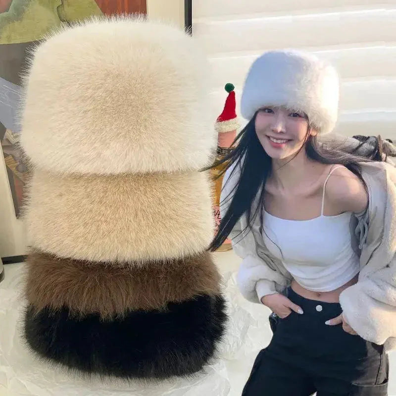 New Fluffy Fur Women's Winter Hat Winter Snow Ski Cap Female Faux Fur Thick Warm Windproof Hat Russian Hat Mink Fisherman's Hat
