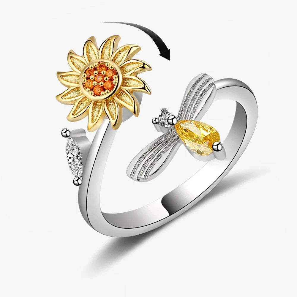 Anti-Stress Spinner Ring for Women – 18K Gold Plated Stainless Steel Fidget Ring with Sunflower & Star Design, Anxiety Relief Jewelry Gift