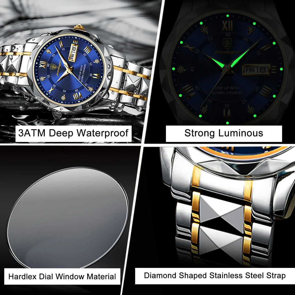 POEDAGAR Top Brand Luxury Men's Waterproof Stainless Steel Quartz Watch Luminous Calendar Week