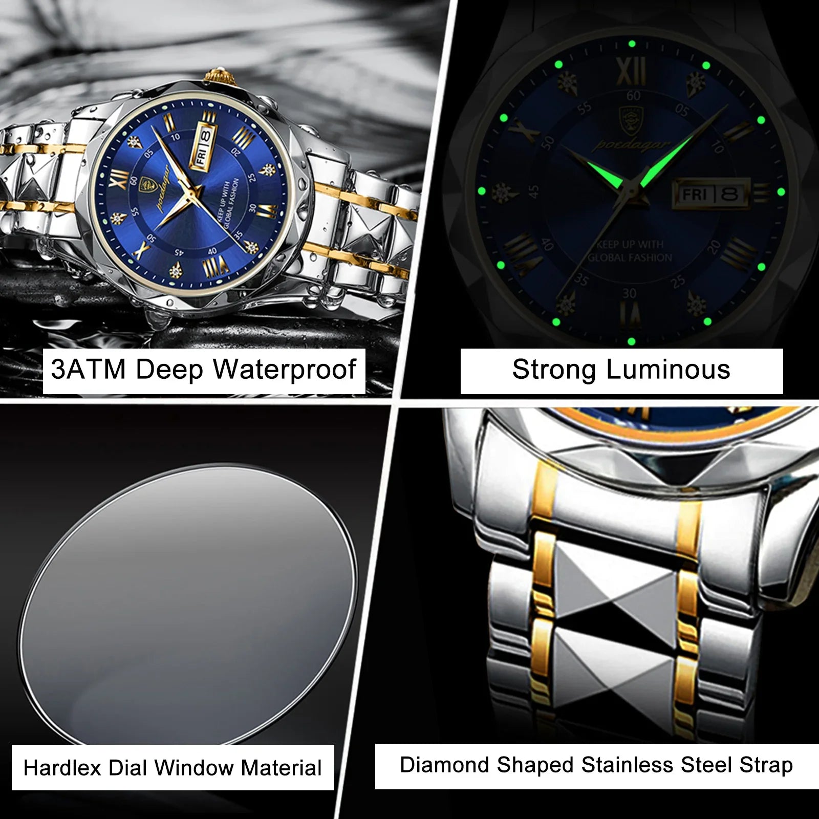 POEDAGAR Top Brand Luxury Men's Waterproof Stainless Steel Quartz Watch Luminous Calendar Week
