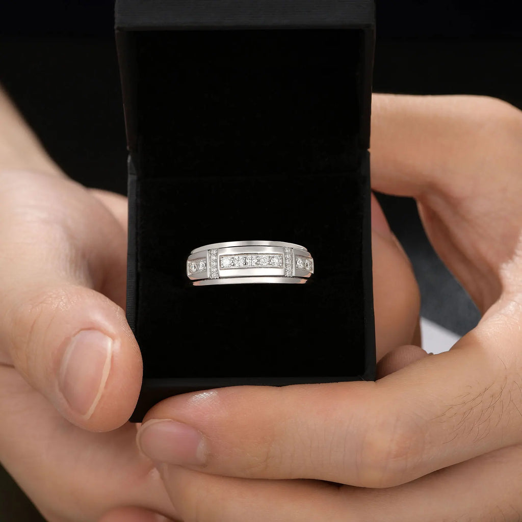 Men Wedding Band 925 Sterling Silver Moissanite Half Eternity Round Engagement Ring