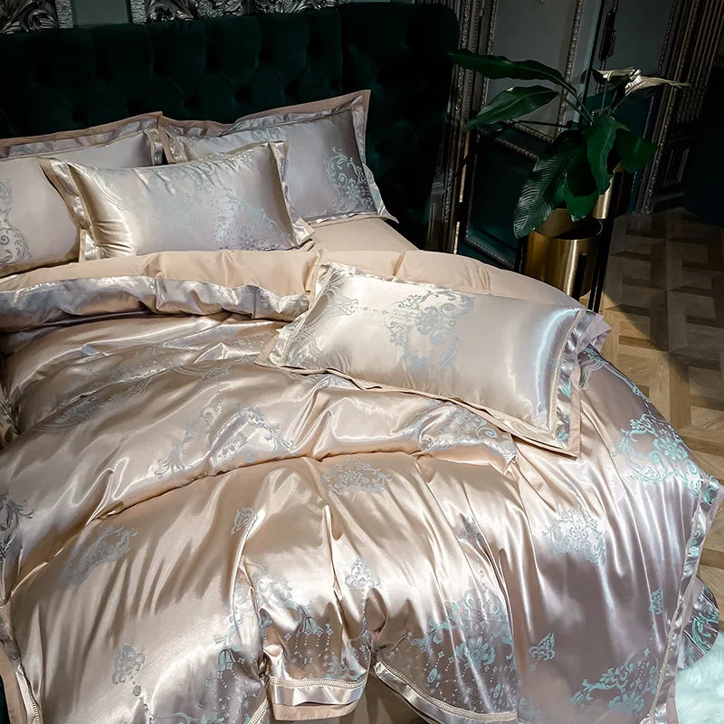 Soft Satin Jacquard Cotton Bedding Set, Luxury Duvet Cover, Blue, Gold, Gray, Queen, King Bed Sheet, Pillowcases, Home Textiles