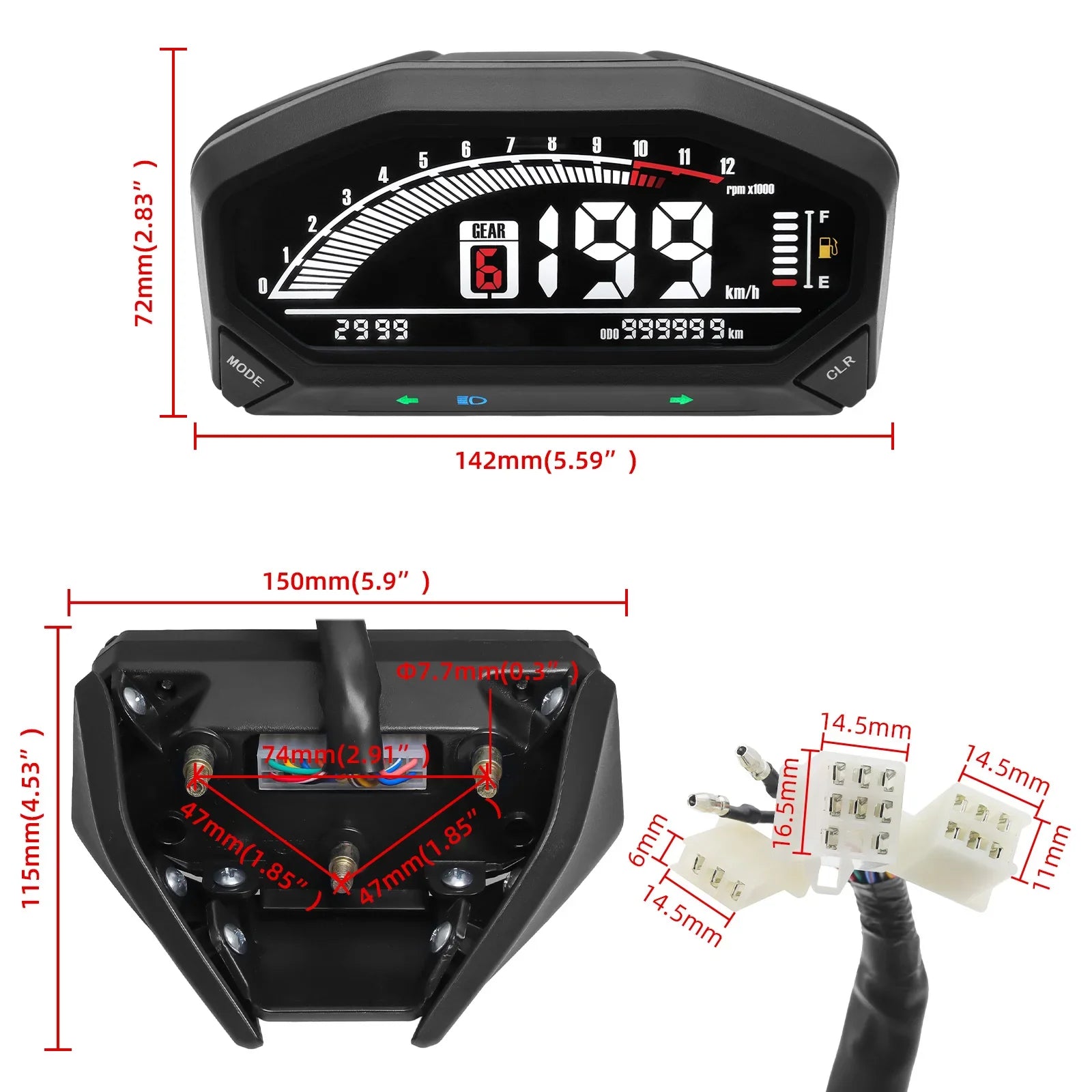 Motorcycle New Adjustable Speedometer 12000 RPM Display Motor Odemeter Tachometer Fuel Level Gauge Dashboard for 1 2 4 Cylinder