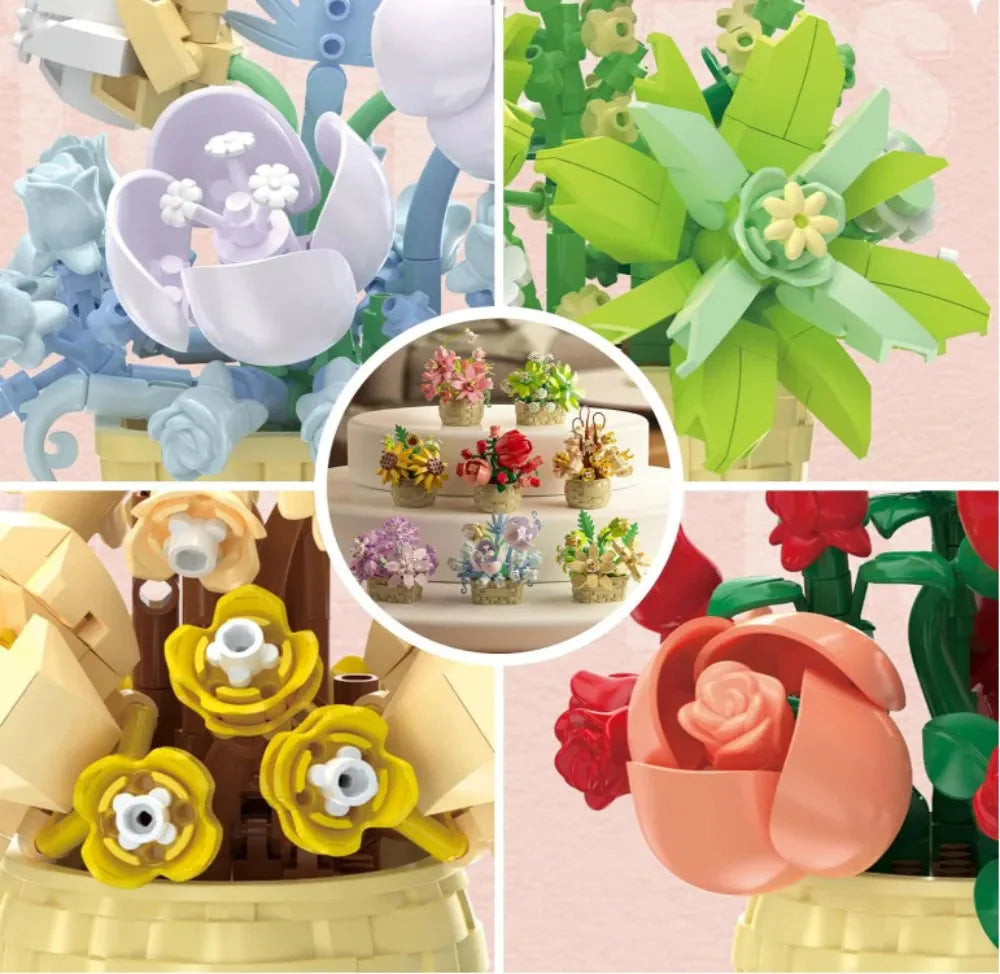 DIY Potted Plant Building Blocks Set - Rose Sunflower Succulents Bonsai Tree Romantic Garden Kids Model Bricks Toy Kit