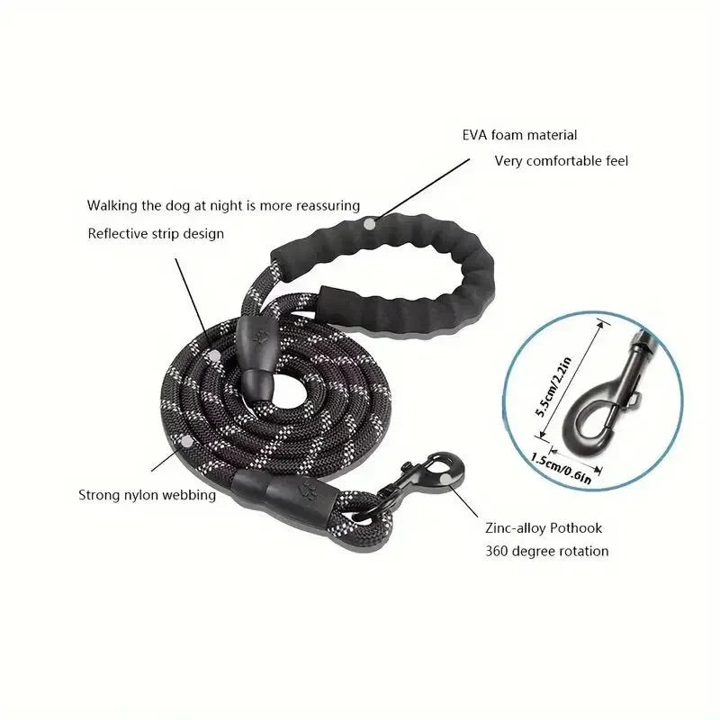 Reflective Dog Leash – Heavy Duty Traction Rope with Padded Handle for Strong Dogs