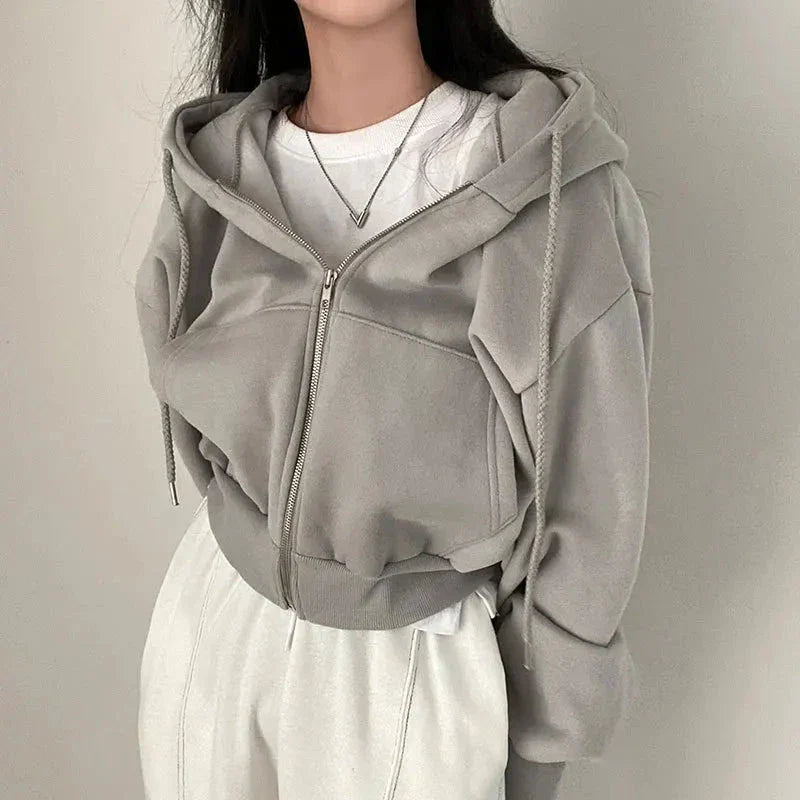 Women’s Y2K Zip Up Hoodie – Solid Color Oversized Crop Sweatshirt with Hood, Harajuku Streetwear Casual Jacket