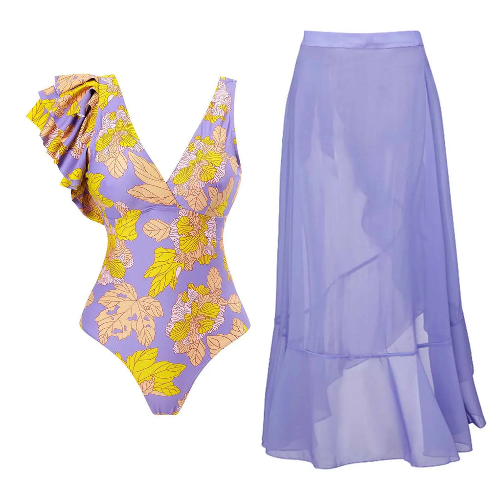 2-Piece Women Brazilian Floral Printed Ruffle Bikinis Strappy Bandage Swimwear