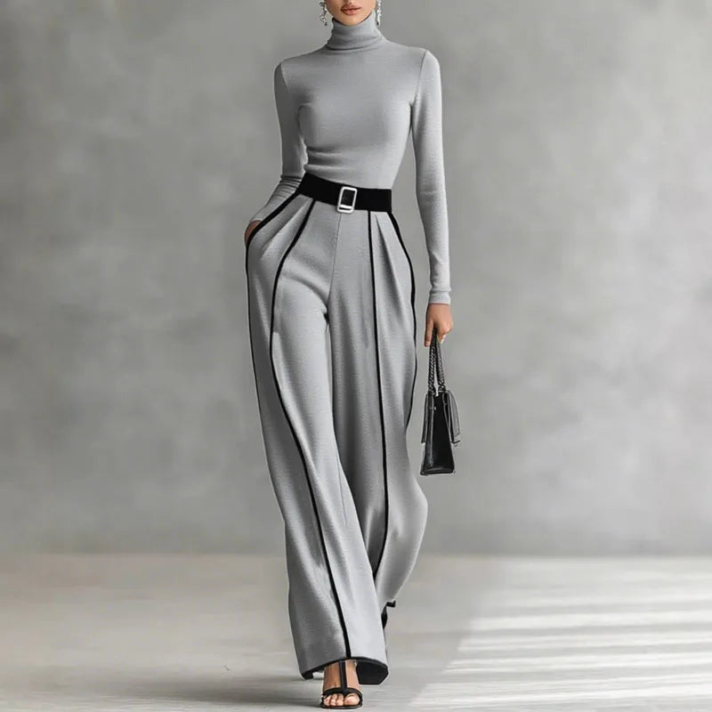 2 Piece Set Autumn/Winter Striped Print Elegant Stand Collar Slim Top Pullover & Wide Leg Trousers Suit