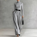2 Piece Set Autumn/Winter Striped Print Elegant Stand Collar Slim Top Pullover & Wide Leg Trousers Suit