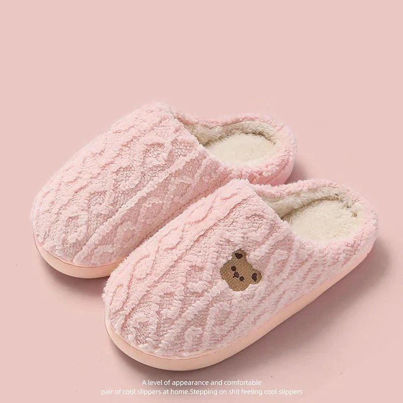 Winter Fluffy Shoes Women Cotton Slippers Cartoon Bear Thick Sole Warm Slides Men Female Couple House Indoor Plush Flat Shoes