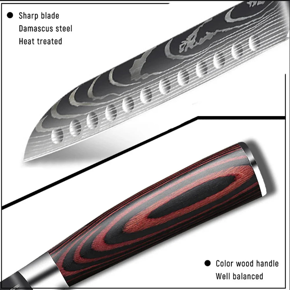 Damascus Laser Steel Kitchen Chef Knives with Shear Cutter and Wooden Handle
