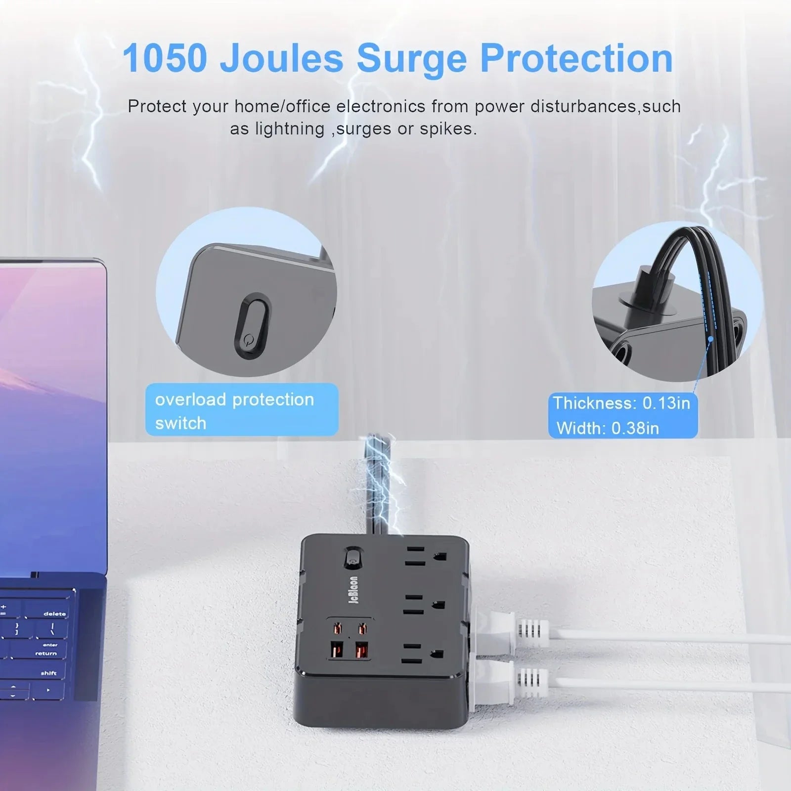 Ultra-Thin Surge Protector Power Strip — 6 Outlets + 4 USB Ports, 5ft Extension Cord | Flat Plug Wall Mount Adapter for Home & Office