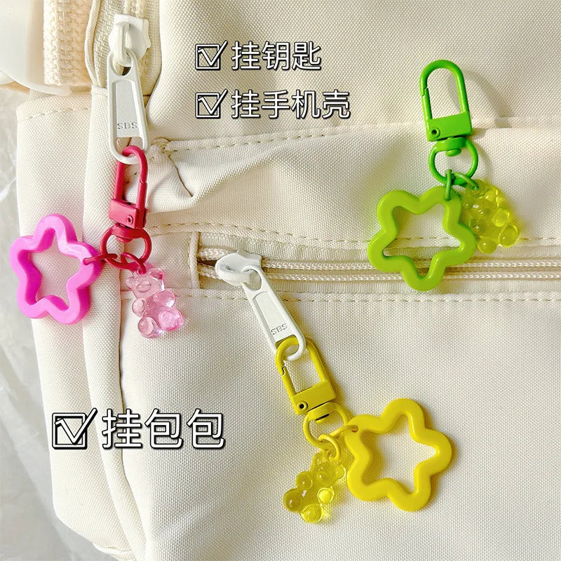 10pcs Metal Keyrings Buckle With Stars Bear Pendant Colored Keychain For Diy Jewelry Making Key Ring Accessories Wholesale