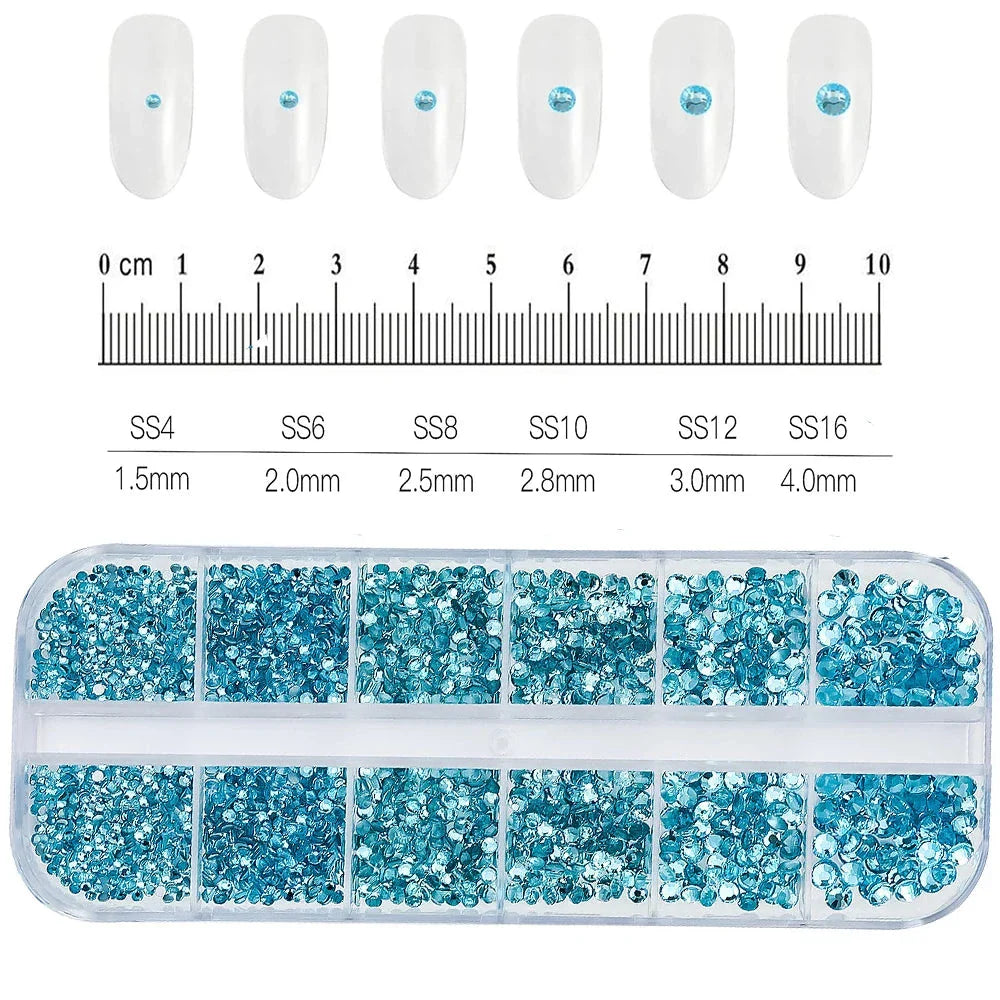 12 Grids Mixed Nail Rhinestones - SS6-SS30 Flat-Back Glass Gems for Nail Art