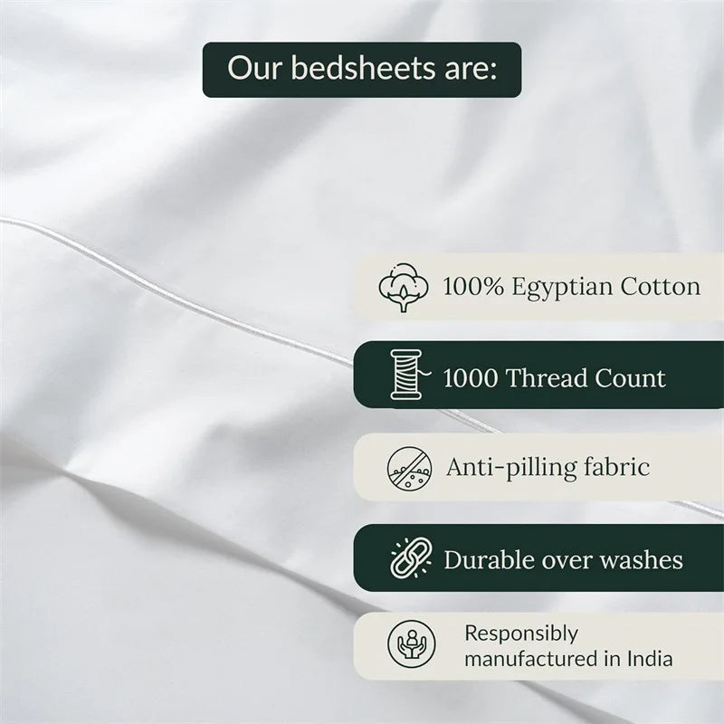 100% Egyptian Cotton Bed Sheet Set 1000TC Size Single, Double & Queen