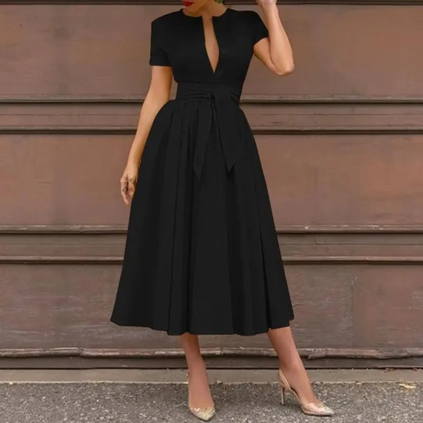 Women Elegant Formal Party Evening Dress Short Sleeve Sashes Mid-Calf Dress