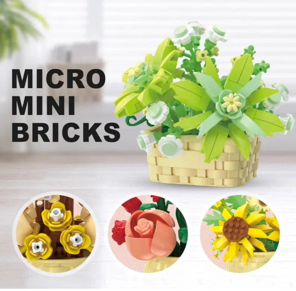 DIY Potted Plant Building Blocks Set - Rose Sunflower Succulents Bonsai Tree Romantic Garden Kids Model Bricks Toy Kit