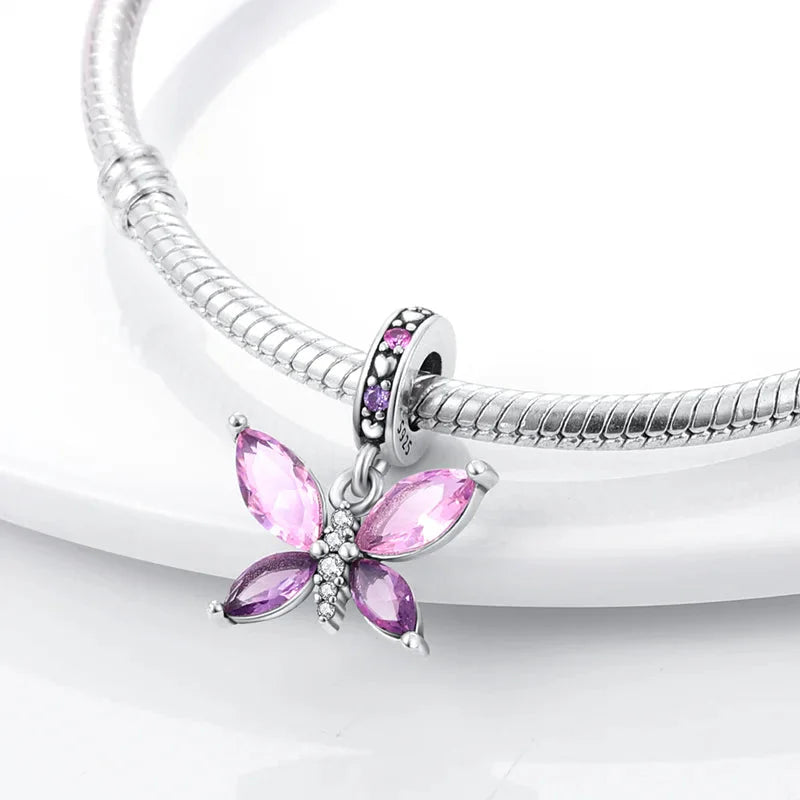 Original 925 Sterling Silver Colorful Butterfly Charms Beads - Fit S925 Bracelet & Necklace, Zircon Accents, Fine DIY Birthday Jewelry Pendant