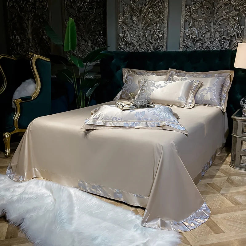 Soft Satin Jacquard Cotton Bedding Set, Luxury Duvet Cover, Blue, Gold, Gray, Queen, King Bed Sheet, Pillowcases, Home Textiles