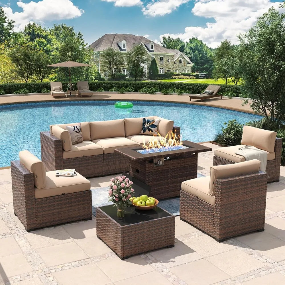 8 Piece Patio Furniture Set with 44” Fire Pit Table Wicker Rattan Outdoor Sectional Sofa Set with Coffee Table and Thickened Cu