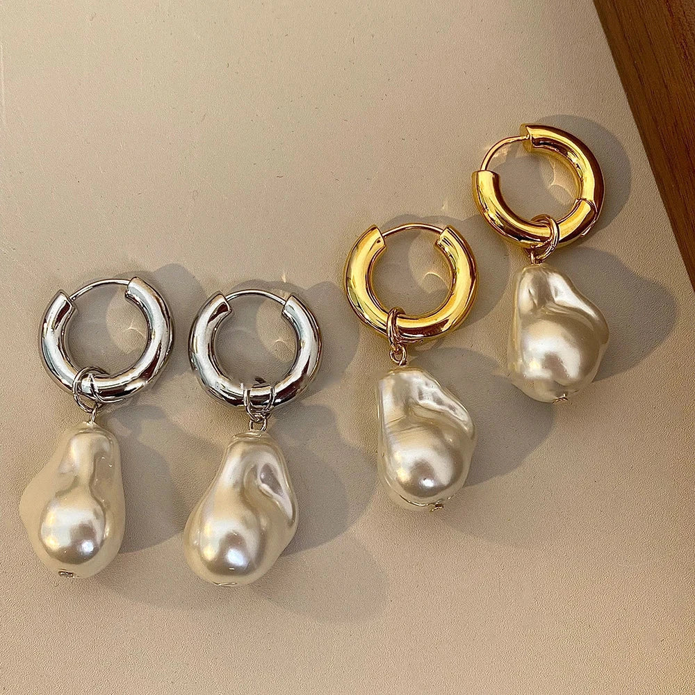 Vintage Circle Drop Earrings – Baroque Pearl Gold Earclips for Women