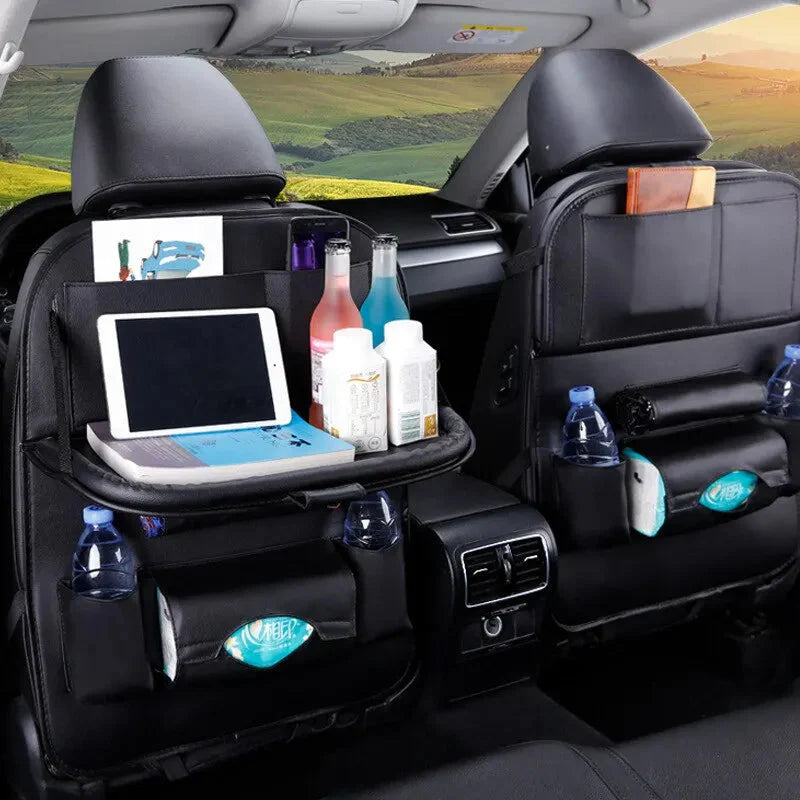 Car Seat Back Organizer with Foldable Table Tray – PU Leather Storage