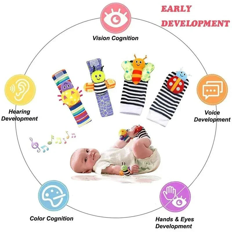 4 PCS Baby Rattle Toy Set Soft Animal Socks & Wrist Straps for Newborns 0–12 Months Educational Plush Toys