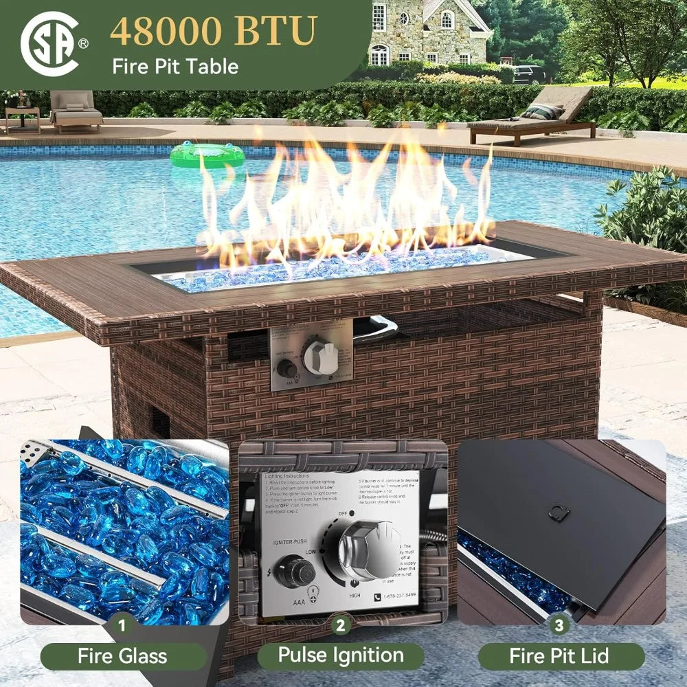 8 Piece Patio Furniture Set with 44” Fire Pit Table Wicker Rattan Outdoor Sectional Sofa Set with Coffee Table and Thickened Cu
