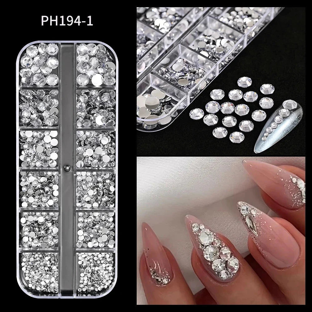 12 Grids Mixed Nail Rhinestones - SS6-SS30 Flat-Back Glass Gems for Nail Art