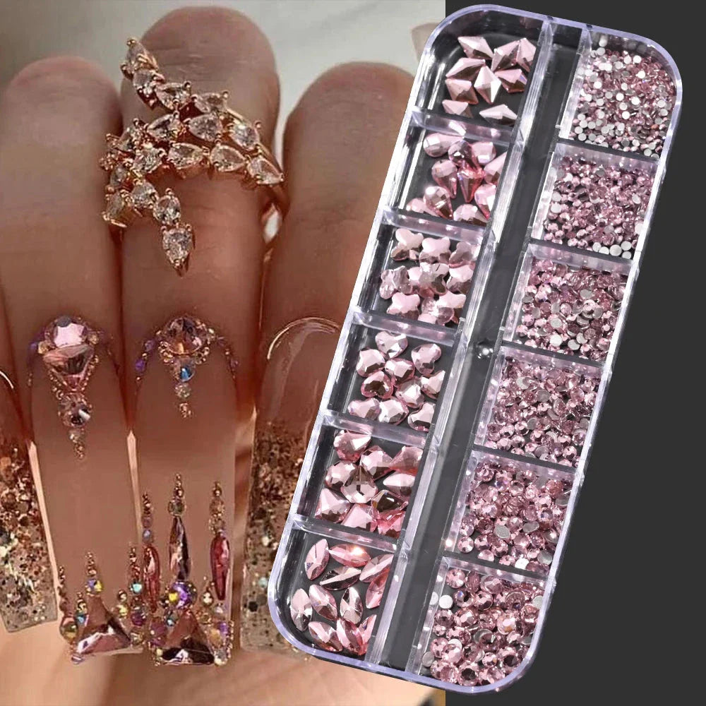 12 Grids Mixed Nail Rhinestones - SS6-SS30 Flat-Back Glass Gems for Nail Art