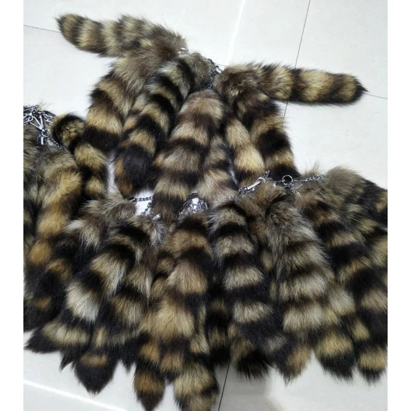 Plush-Fox Tail Keychain Furry Racoon Tail Keyring Keychain 28cm Animal Tail Key-Pendant Pompoms Keyring Holder Bag-Decor