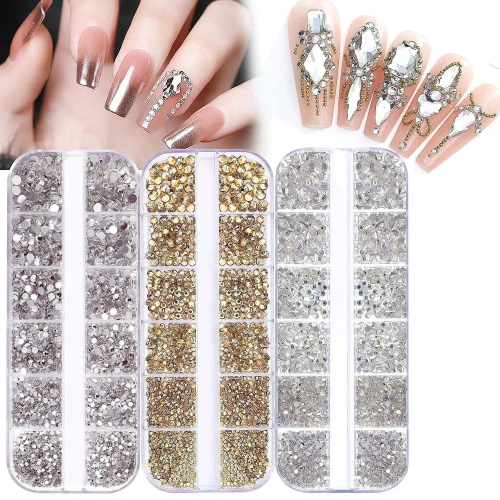 2400+ Shiny Clear Crystal Nail Rhinestones - Mixed Sizes & Shapes Flatback Gems
