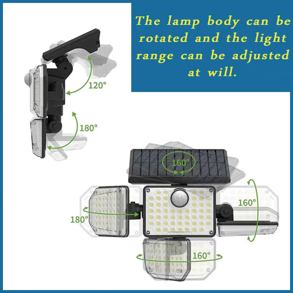 4-Head Outdoor Solar Motion Sensor Light – 122 LED Floodlight, 3000 Lumens, 270° Wide-Angle IP65 Waterproof Security Lamp