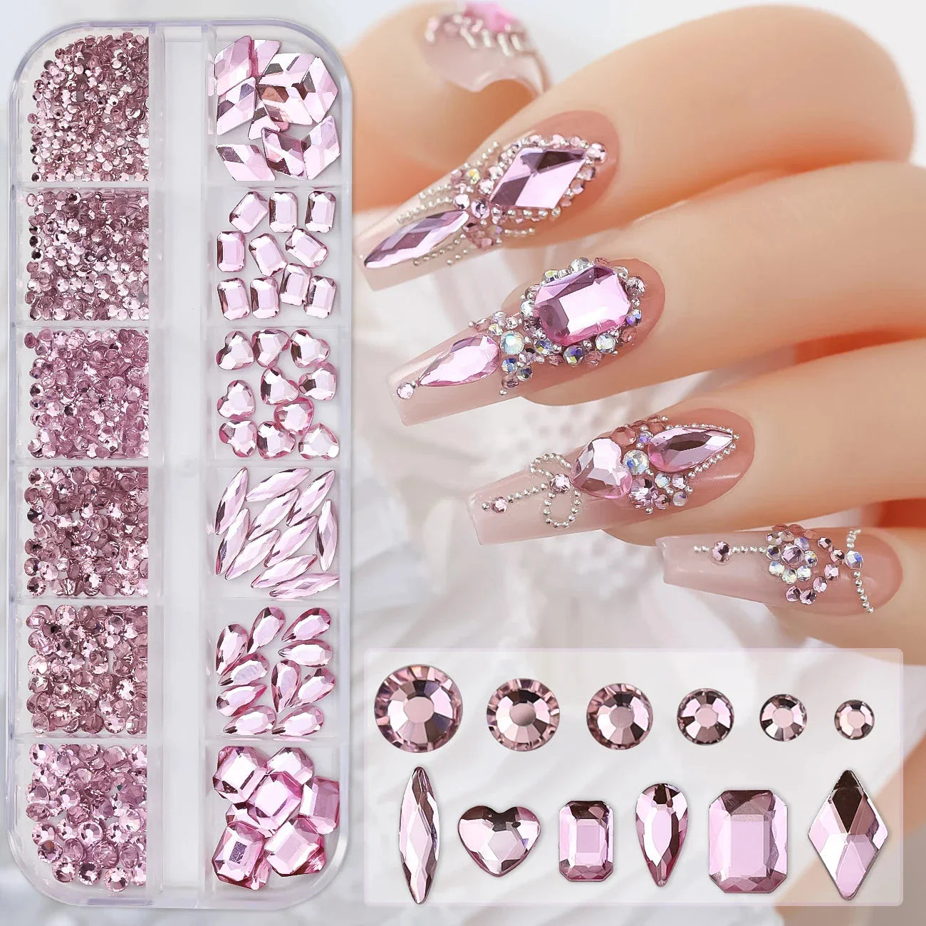 12 Grids Mixed Nail Rhinestones - SS6-SS30 Flat-Back Glass Gems for Nail Art