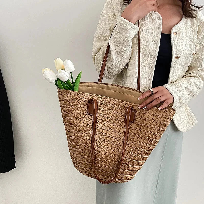 Women’s Straw Woven Shoulder Bag – Large Capacity Summer Beach Tote