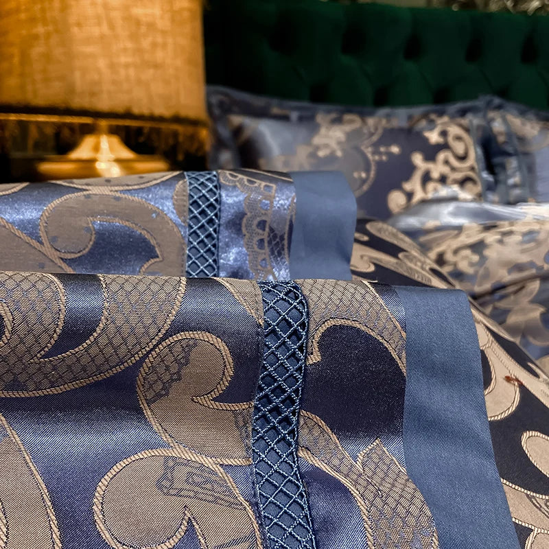 Soft Satin Jacquard Cotton Bedding Set, Luxury Duvet Cover, Blue, Gold, Gray, Queen, King Bed Sheet, Pillowcases, Home Textiles