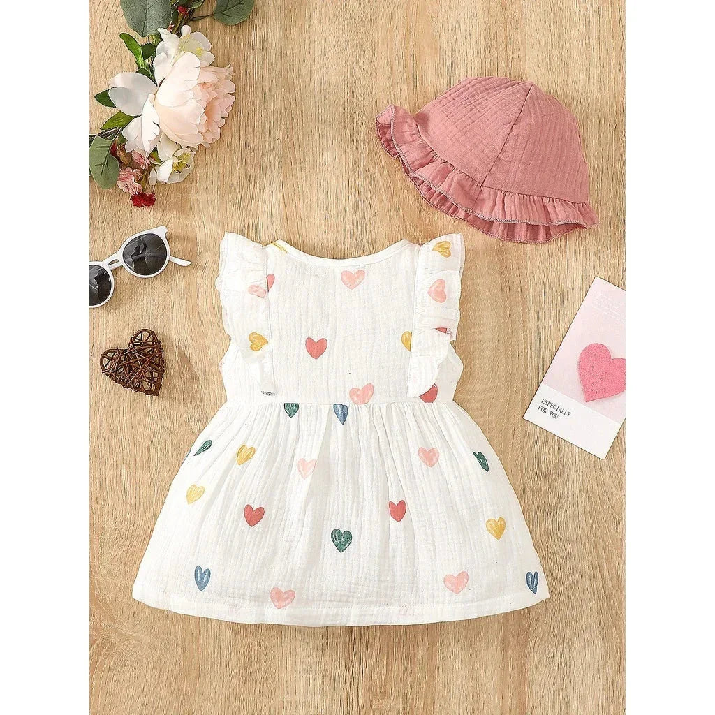 Baby Girl Summer Dress Set (0–9M) – Love Print Sleeveless Dress with Matching Hat