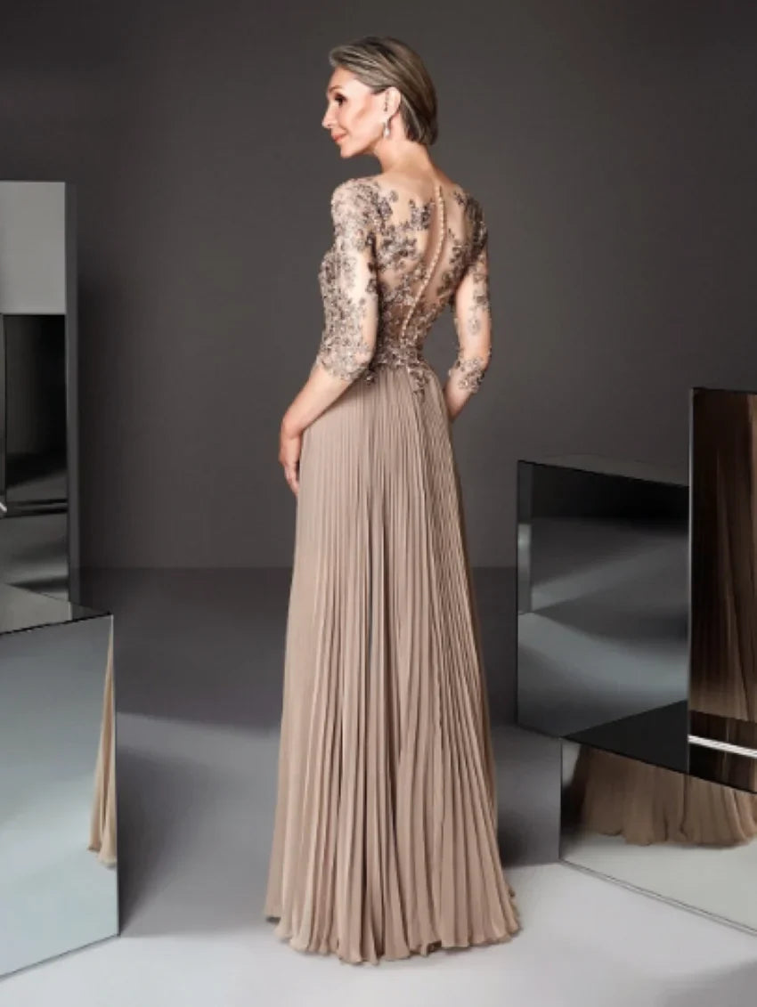 Wedding Party Guest Evening Dresses Femme Robe De Soiree Elegant Champagne Gold Ruched Half Sleeve Long Prom Gown