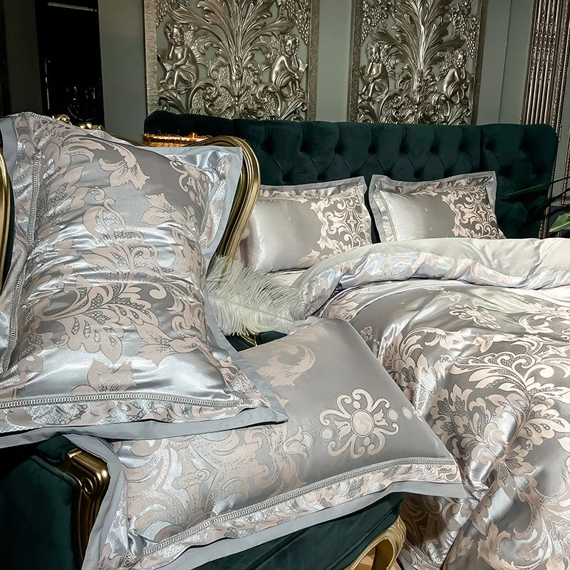 Soft Satin Jacquard Cotton Bedding Set, Luxury Duvet Cover, Blue, Gold, Gray, Queen, King Bed Sheet, Pillowcases, Home Textiles