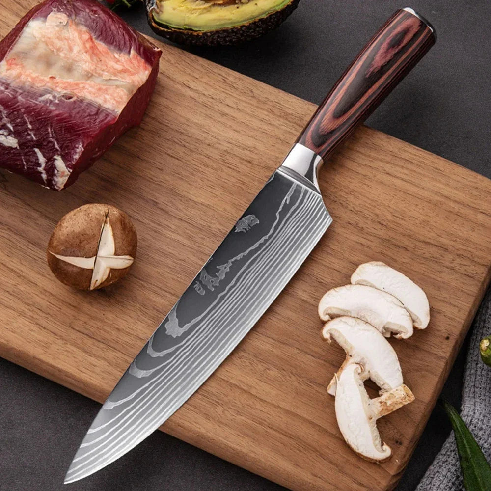 Damascus Laser Steel Kitchen Chef Knives with Shear Cutter and Wooden Handle
