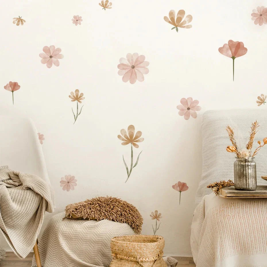Boho Flowers Wall Stickers Child Watercolor Bedroom Living Room Home Decor Art Eco-frienly Removable Decals PVC Murals